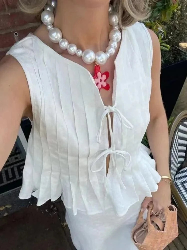 Linen Cotton Pleated Lace-up Elegant White Women Tops Tanks 2025 Summer Women Causal O-neck Sleeveless Ruffles Vest Streetwear