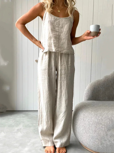 Cotton Linen Women's Suit Slip Vest Wide-leg Pants Suits Female Fashion Casual 2 Piece Sets Home Casual Clothes Ladies Sets 2025
