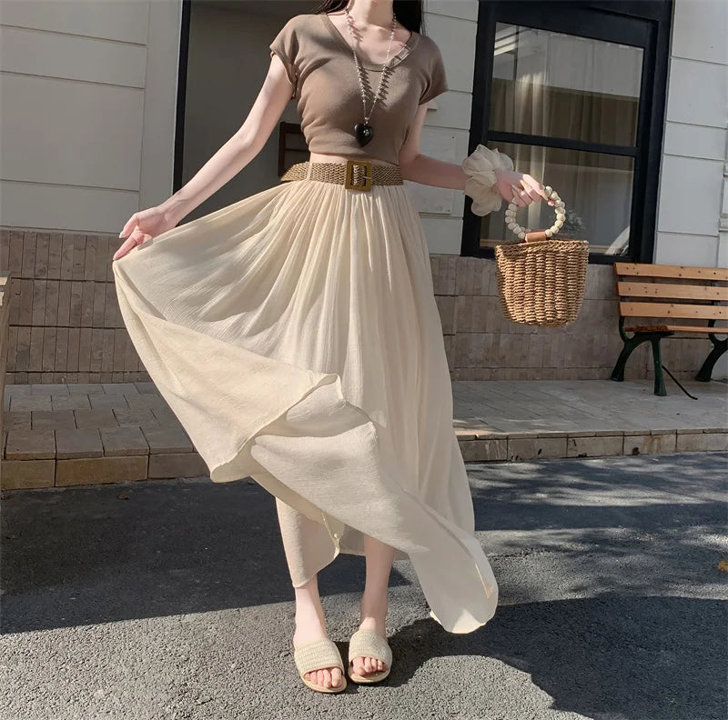 2025 New High Waisted Cotton Linen Pleated Midi Skirt – Summer Flowy A-Line Maxi Skirt for Women, Breathable & Elegant