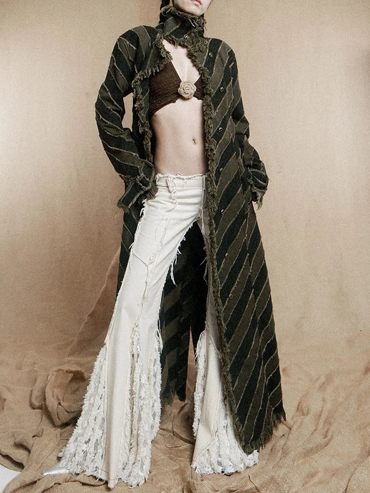 [Vibe] Women Blue Striped Burr Denim Long Trench New Turtleneck Long Sleeve Windbreaker Fashion Tide Spring Autumn 2025