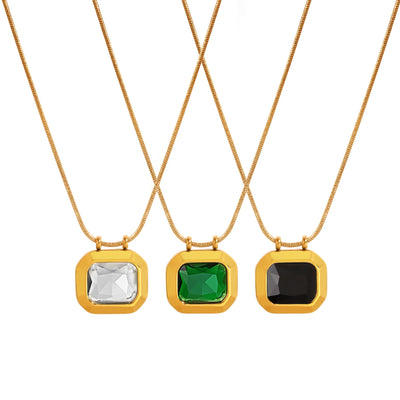 Square Solitaire Pendant Cubic Zirconia Necklace for Women, Stone Snake Link Adjustable, Stainless Steel Jewelry
