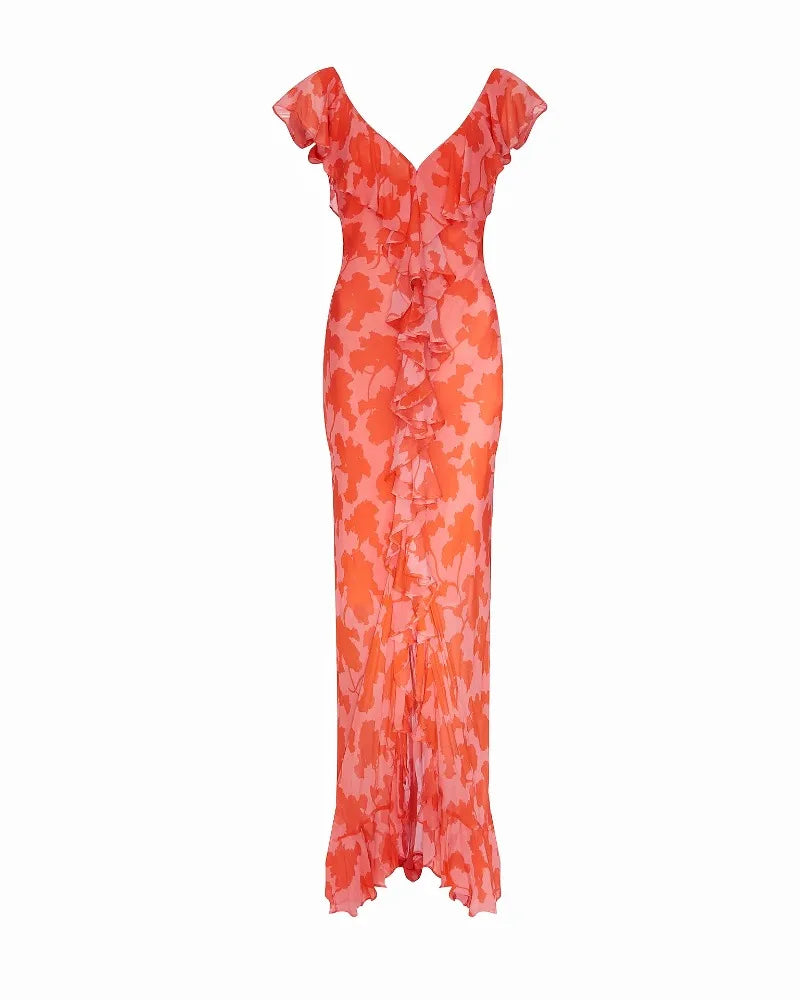 Summer Women Floral Bohemian Dress Elegant Chiffon Sleeveless V Neck Irregualr Slit Long Dress Sexy Slim Ruffle Vacation Dress