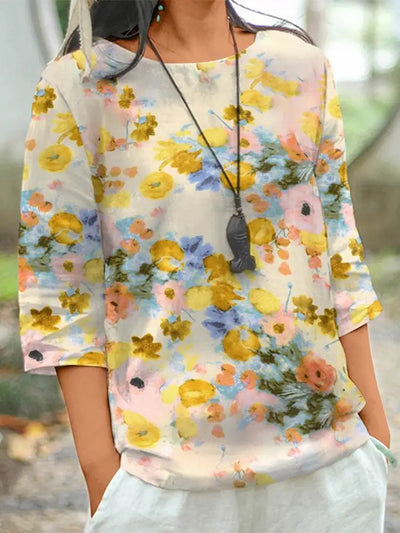 ZANZEA Women Cotton Linen Blouses 2024 Summer Bohemian Floral Printed Blusas Fashion 3/4 Sleeve O-Neck Top Casual Loose Shirts
