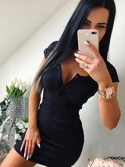 Summer Dress  Fall Women Sexy Casual Knit Sheath Mini Dresses Ladies Solid V Neck Chest Button Short Sleeve Bodycon Dress