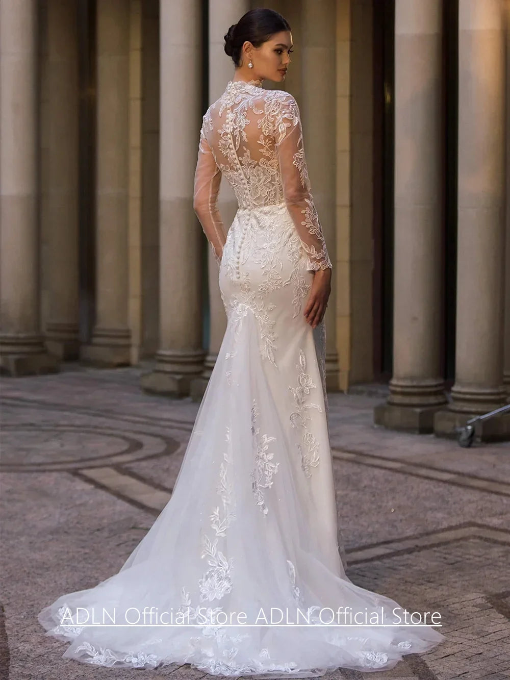 Woman Mermaid Wedding Dresses Vestido De Noiva Customized High Neck Full Sleeves Applique Detachable Train Bridal Gown