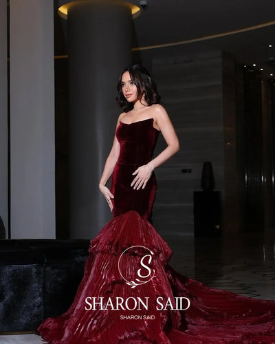 Sharon Said Dubai Luxury Wine Red Evening Dress with Ruffled Strapless for Women Wedding Party Arabic SF157 Customized