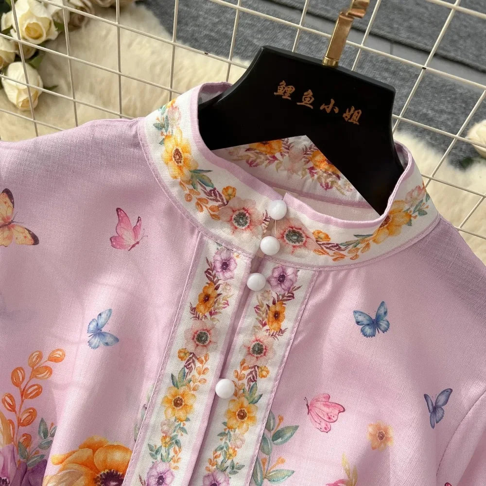 TWOTWINSTYLE Floral Printted Chic Dress For Women O Neck Long Sleeve Patchwork Sashes Temperament Dress Female Fashion KDR523818