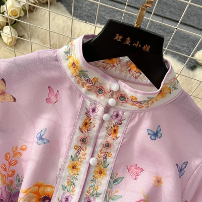 TWOTWINSTYLE Floral Printted Chic Dress For Women O Neck Long Sleeve Patchwork Sashes Temperament Dress Female Fashion KDR523818