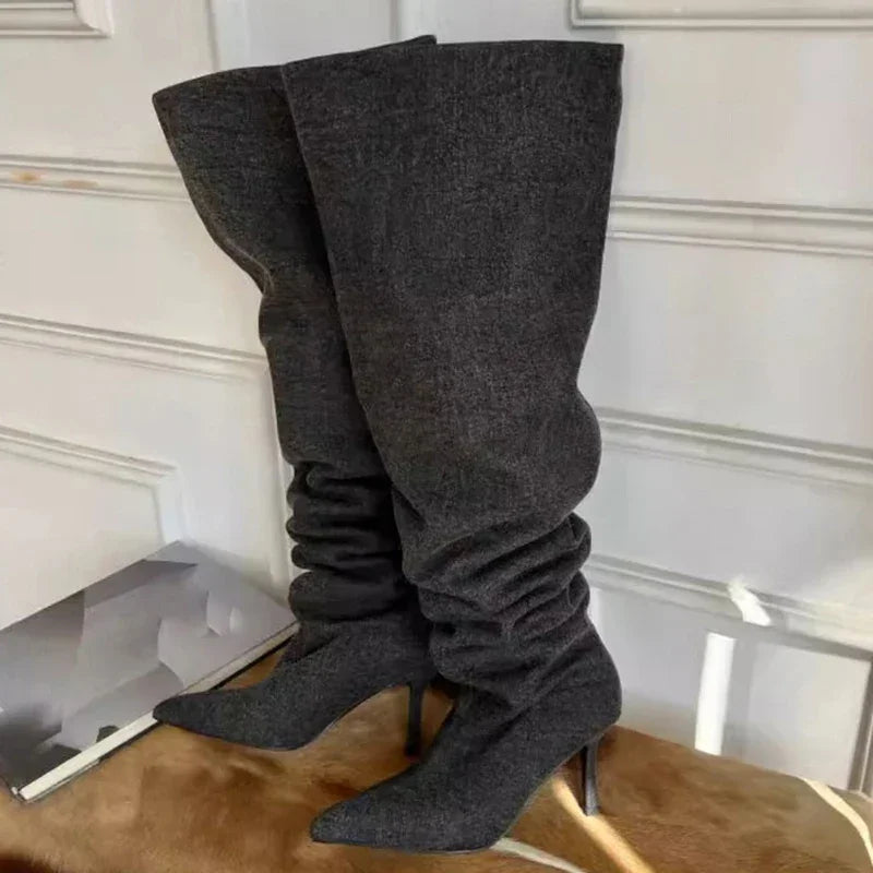 2024 Style Fashion Pointed Toe Boots Pleated Over-the-Knee Boots Women’s Wide Cowboy Boots for Women