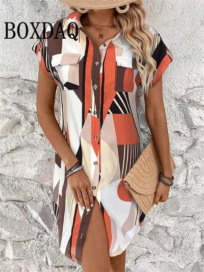 Summer Women‘s Dress Fashion Geometri Printed Short Sleeve Dresses 2025 Party Elegant Sundress Casual Button Lapel Shirts Dress
