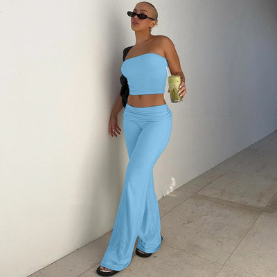 Women's Clothing 2025 Spring Fashion New Item Solid Color Strapless Top Flared Pants Fashionable Slim Fit Sports Suit for Women