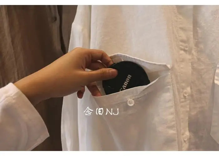 Cotton Linen Women Medium-Length White Polo Shirt Women Large Size Women Clothing Spring Autumn Design Niche Long-Sleeved Shirt