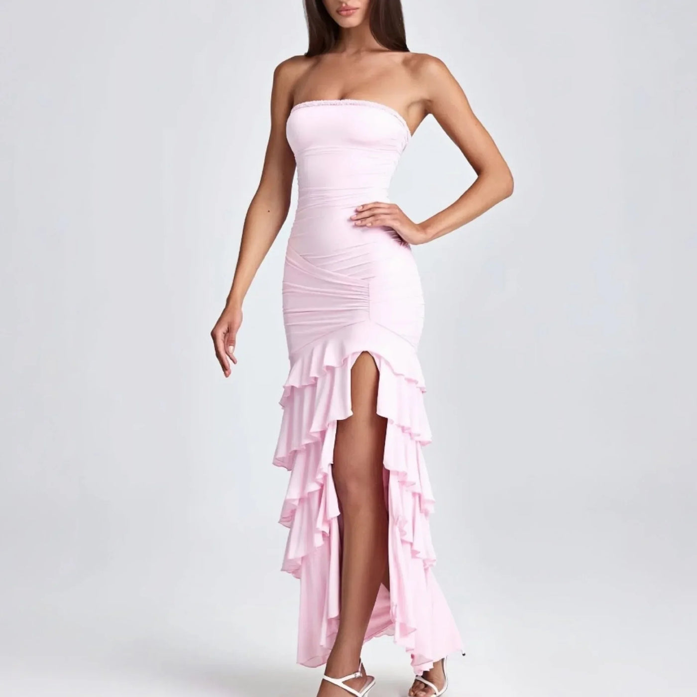 NIDANSSI White Strapless Backless Evening Party Dress Women Ruffle Robes Elegant Sexy Dress Bodycon Long Summer Dress Vestidos
