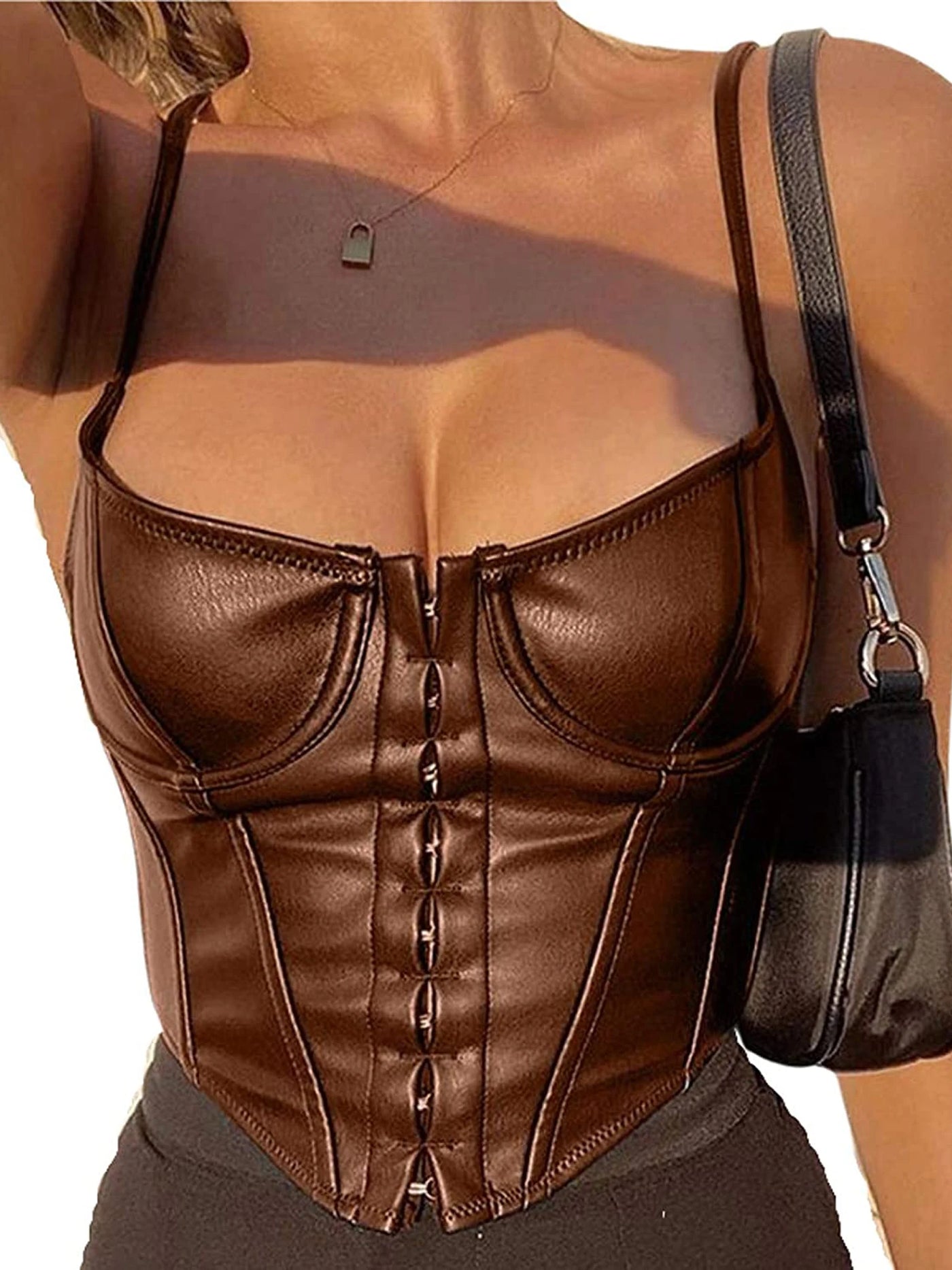 Women's Corset Sexy Black PU Leather Bustier Crop Top Fashion Lady Sleeveless Strap Camis Clubwear Summer Low-cut Slim Camis
