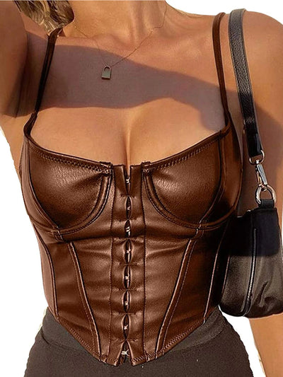 Women's Corset Sexy Black PU Leather Bustier Crop Top Fashion Lady Sleeveless Strap Camis Clubwear Summer Low-cut Slim Camis