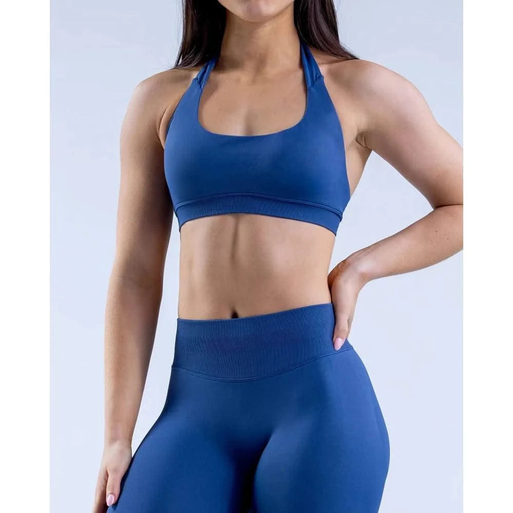 Sports Bra  Seamless Halter Neck Strap Bra Open Back Fitness Yoga Top Bras Support Women Workout Gym Crop Top