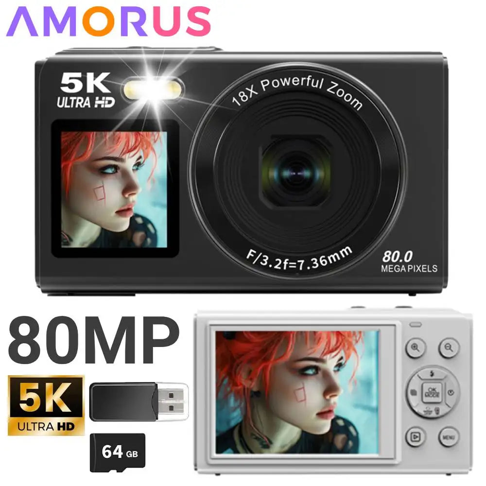 Digital Camera CCD Dual Screen Portable Digital Camera with18X Zoom 5K Vlogging Camera 80MP CCD Selfie Camera with 64GB Card