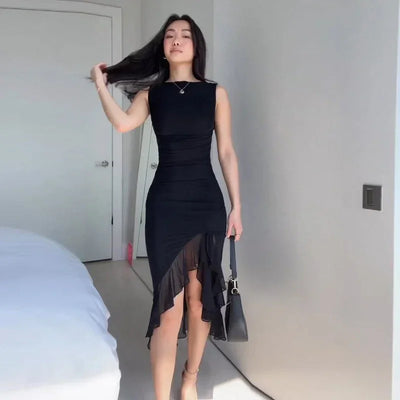 Wefads Women Maxi Dress Summer Elegant Solid Sleeveless Nipped Waist Slim Backless Ruffled Irregular Party Dresses Streetwear