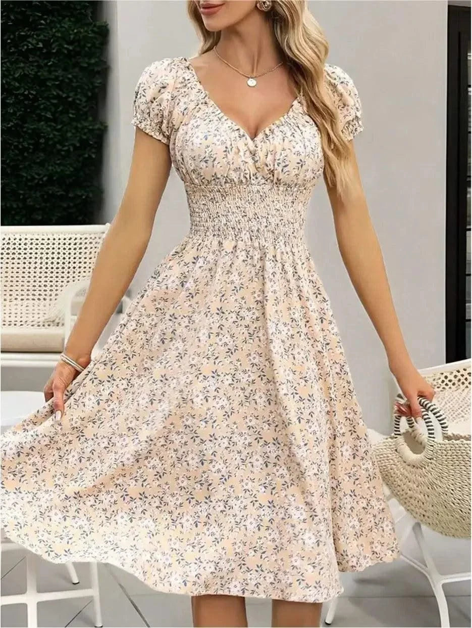 Summer Women Floral Print Dress V-neck Puff