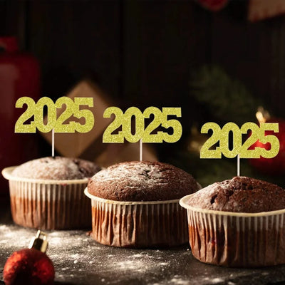 12pc Glitter 2025 Number Cupcake Toppers Happy New Year Party Cake Decoration Christmas Graduation Party Cake Toppers Home Items