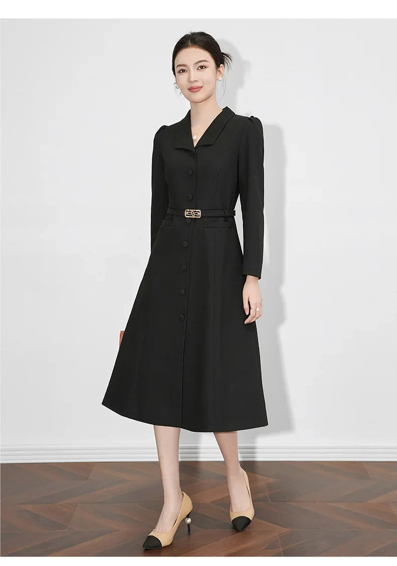 Dresses For Women 2024 Luxury Brand Autumn Long Dress Women's Turn-down Collar Sleeves Single Breasted Sashes Office Lady