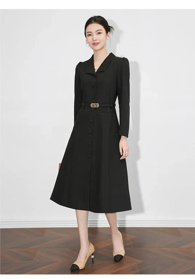 Dresses For Women 2024 Luxury Brand Autumn Long Dress Women's Turn-down Collar Sleeves Single Breasted Sashes Office Lady