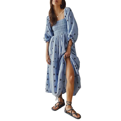 Women Summer Casual Long Dress 3D Embroidered Flowers Square Neck Puff Sleeve Dress Fashion Backless A-line Dress