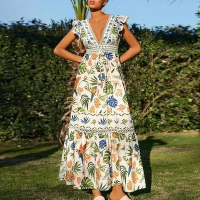 Women Summer Dress Elegant Floral Print Loose Hem Maxi Dress Spring V Neck Butterfly Sleeve Bohemian Holiday Dress Vestido Mujer