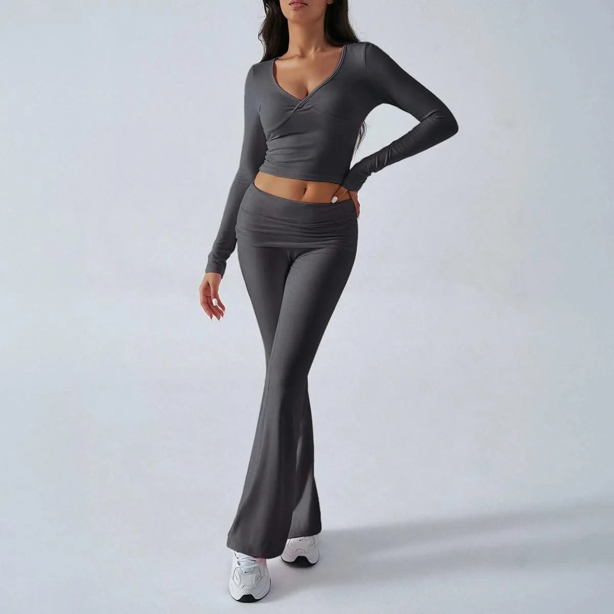 Women's Sexy Suits 2025 Autumn Winter Latest Casual Solid Color Yoga Suit Slim Fit Sports Knit Long Sleeved Pants Two-Piece Set