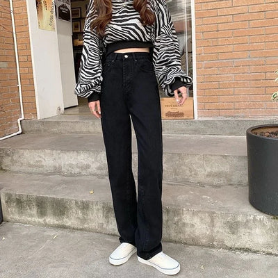 Loose Straight Cylinder Women Jeans High Waist Slimming Long Pants Trendy Cotton Fabric Comfortable Casual Style