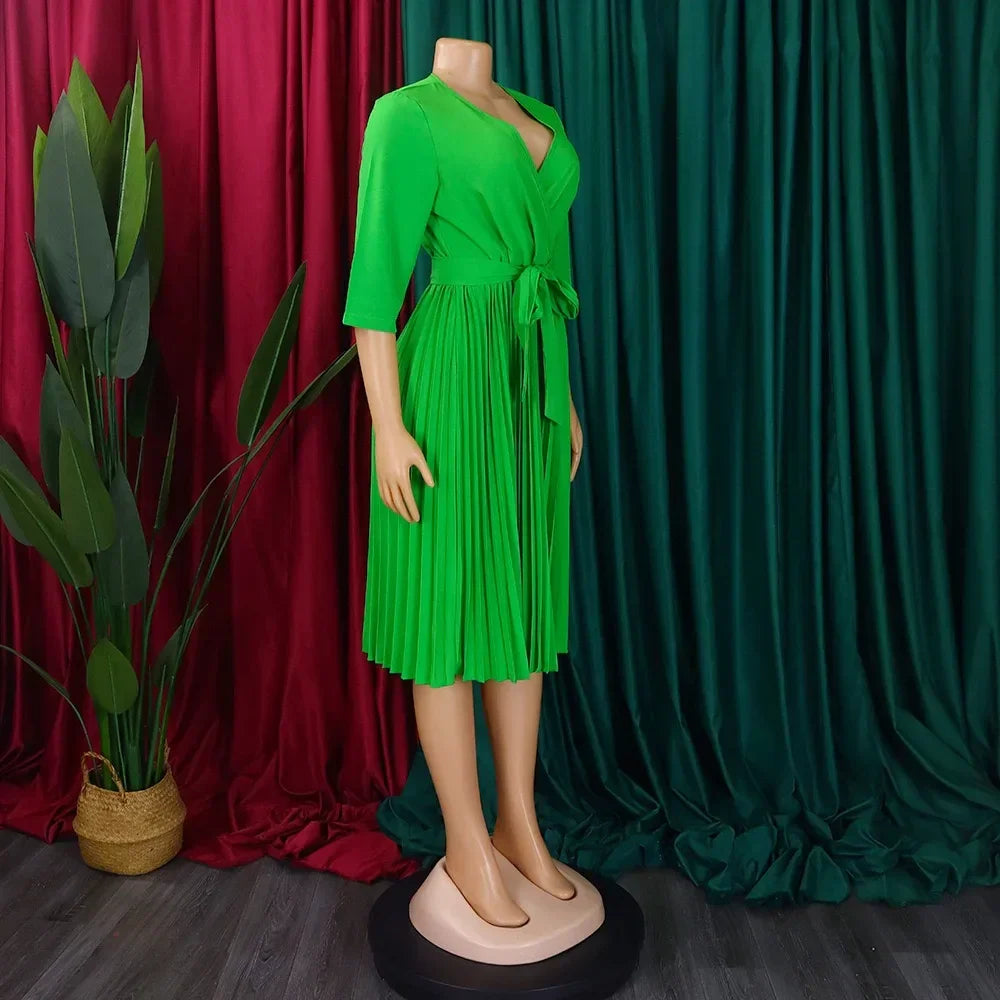 Elegant Office Dresses for Women Professional V Neck Full Sleeve Sashes Pleated Mid Calf Formal Business Work Wear Dress Midi OL