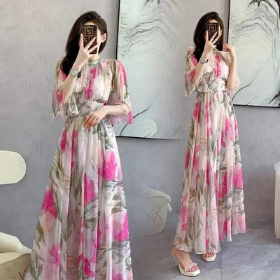 Summer Holiday Floral Dress Women Beach Flower Print Flare Sleeve Back Bow Lace Up High Waist Draped Chiffon Party Long Vestidos