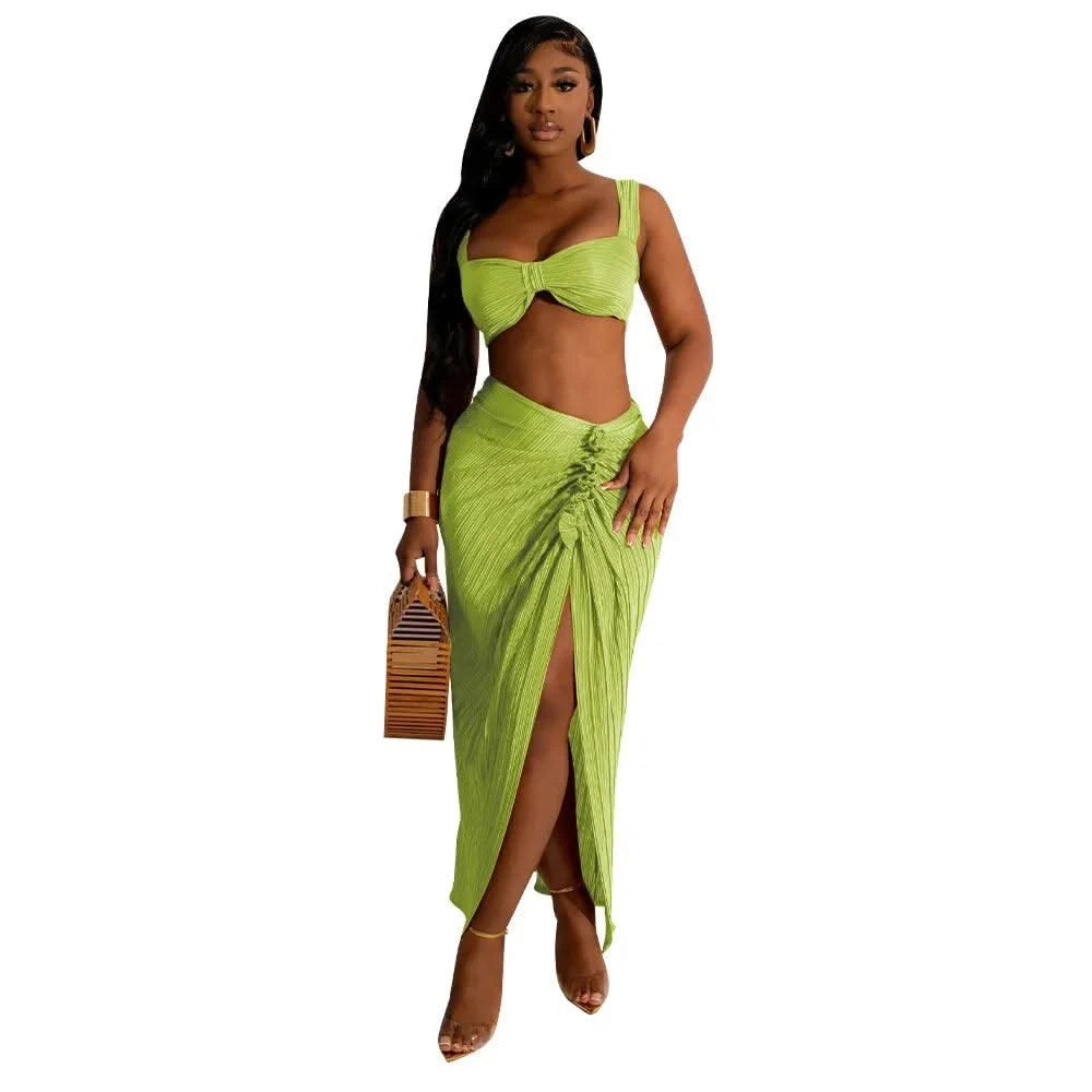Women Two Pieces Set Sexy Backless Halter Top and High Waist Side Slit