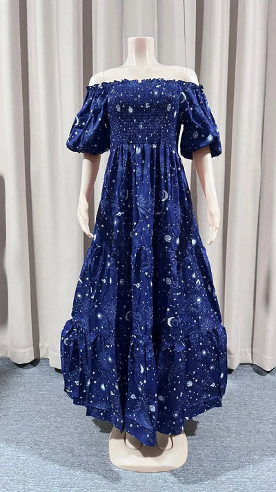Summer Dresses for Women Print Off Shoulder Broken Flower Open Shoulder Long Dress Streetwear