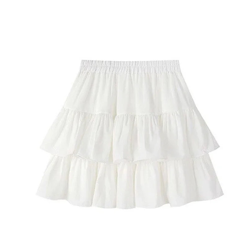 Pleated A-Line Skirt Women White Ruffle Sweet Tierred Pretty Style Skirt Elastic Waist Summer Slim Basic Korean Harajuku Dress