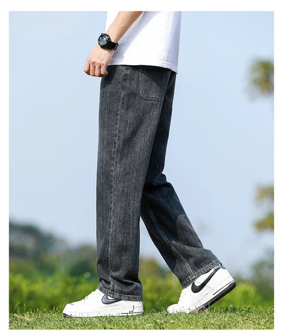 Men's Straight-Leg Jeans, Minimalist for All Seasons, Loose with Drape, Narrow-Wide Leg, Retro Casual Long Pants, Sizes 28-38