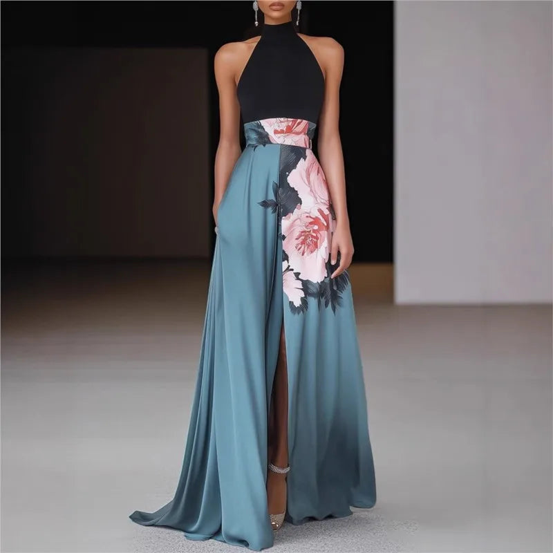 Summer Women Elegant  Print Dress Casual Fashion Round Neck Sleeveless Beach Vacation Dresses