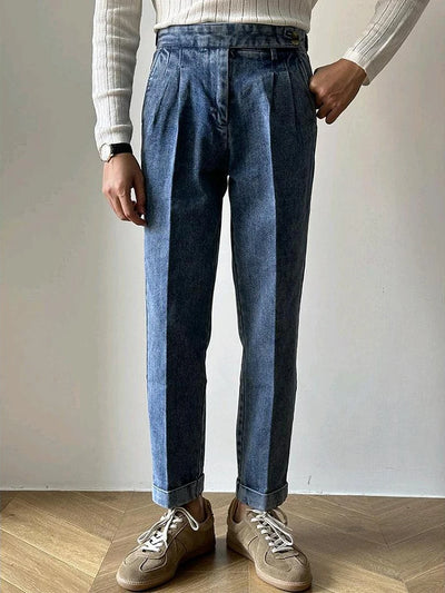Naples Jean Trousers For Men 2024 Fall Trendy Solid Color Washed Denim Pants Mens Stylish Slim Fit Draped Design Straight Jeans