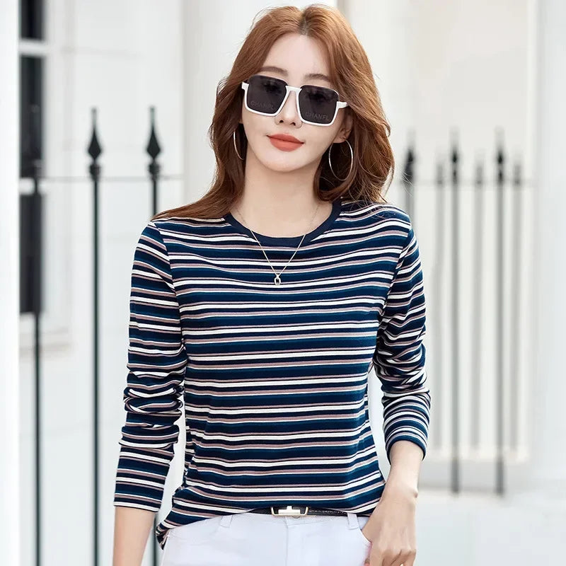 2024 New Women Clothing Crew Neck Striped Bottom Shirt Spring and Autumn Long Sleeve Tops T-Shirt Loose Interior Casual Top
