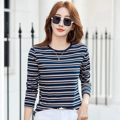 2024 New Women Clothing Crew Neck Striped Bottom Shirt Spring and Autumn Long Sleeve Tops T-Shirt Loose Interior Casual Top