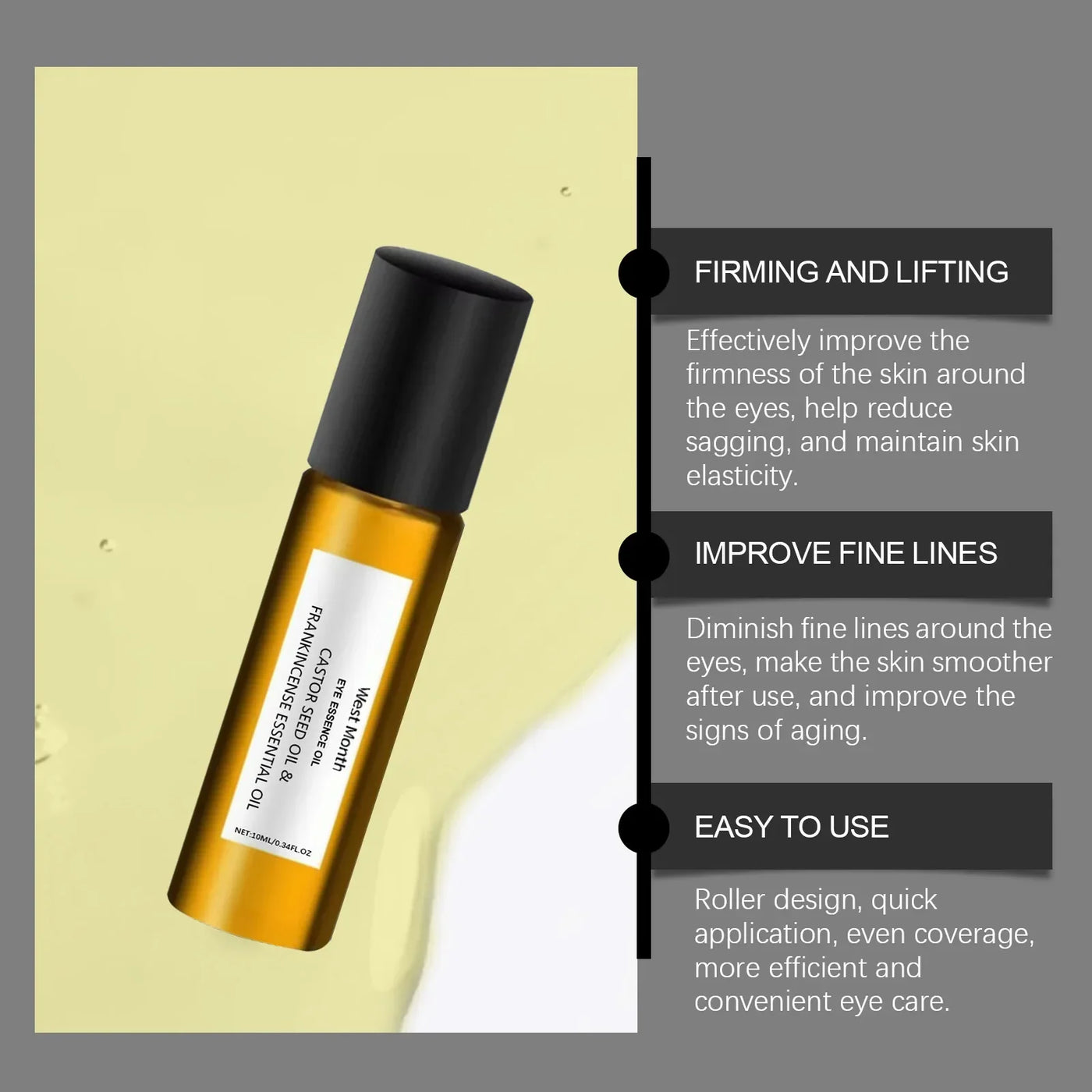 Castor Essential Oil Eye Roller Ball Reduce Fine Lines Removes Dark Circles Moisturizing Tightening Eyes Skin Firming Eye Care