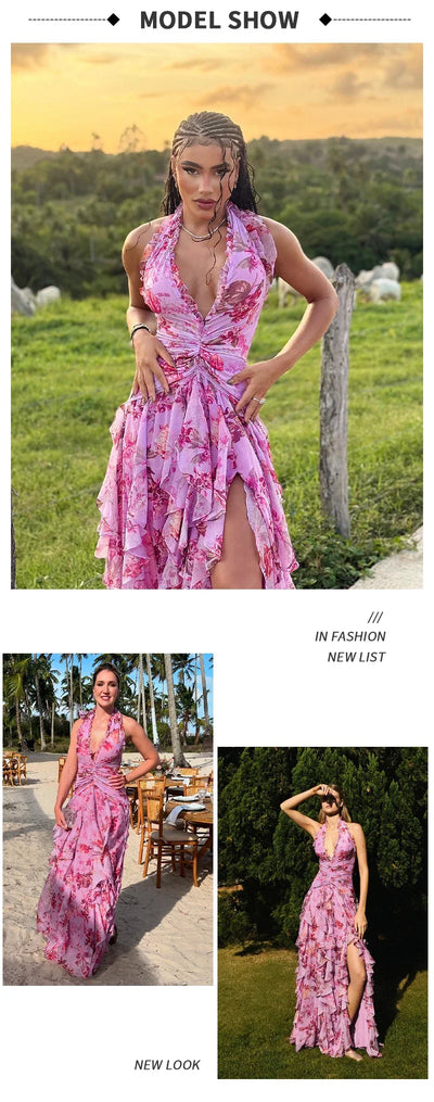 Bohemian Ruffle Long Dress for Women – Pink Floral Halter Neck Evening Gown – Elegant Vacation & Wedding Guest Dresses