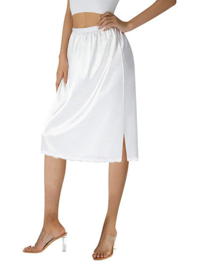 Women's Half Slips Elastic Waist Solid Color Satin Underskirt Lace Trim Skirt Under Dresses Bottoming Mini Slip Dress Petticoat