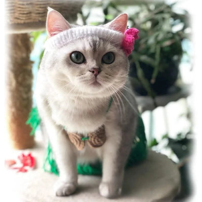 Pet Apparel Cat Bikini Headwear Straw Skirt Handwoven Wool Cat Collar Headwear 3-piece Set Pet Clothes Costume Puppy Clothes