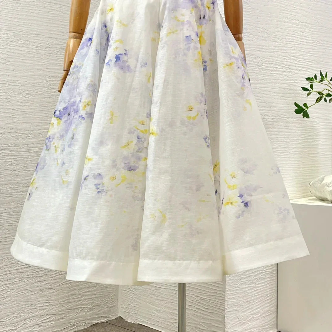 Overlap Pleats 2025 New Floral Print Linen Silk High Quality Spring Summer Sleeveless Shirred Strapless Women Midi Dress