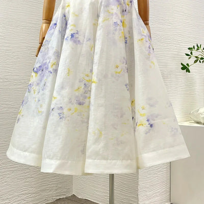 Overlap Pleats 2025 New Floral Print Linen Silk High Quality Spring Summer Sleeveless Shirred Strapless Women Midi Dress
