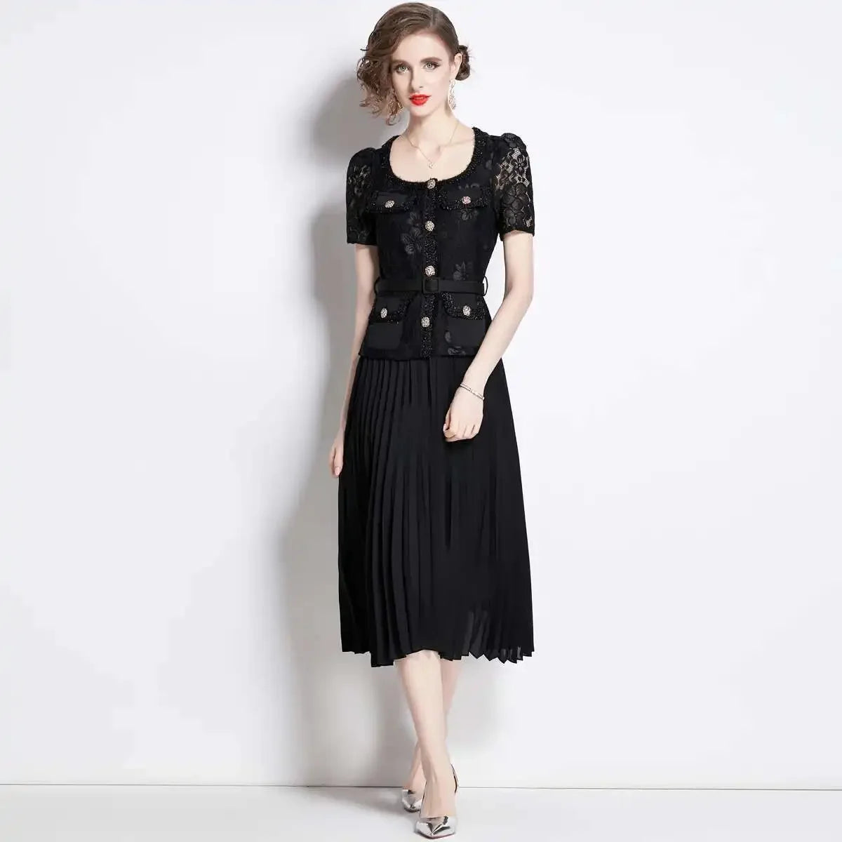 Luxury Evening Dress Women Summer Vacation Short Sleeve Pleated Lace Chiffon Long Dresses White Single Breasted Midi Party Robe