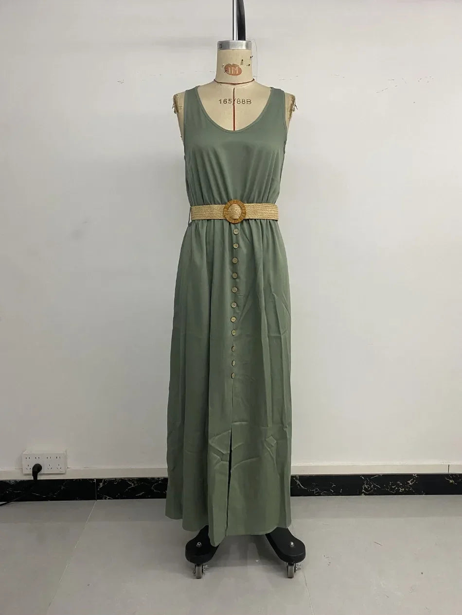 New European and American Dress for Women Clothing Leisure Vacation Simple Split Fork Solid Sleeveless V-neck Dress with Belt