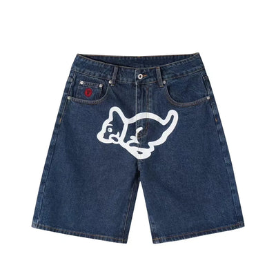 2022 New Summer Denim Shorts For Men Icecream Running Dog Trendy Brand Half Cut Emboridery Logo Unique Punk Mid Waist Jeans