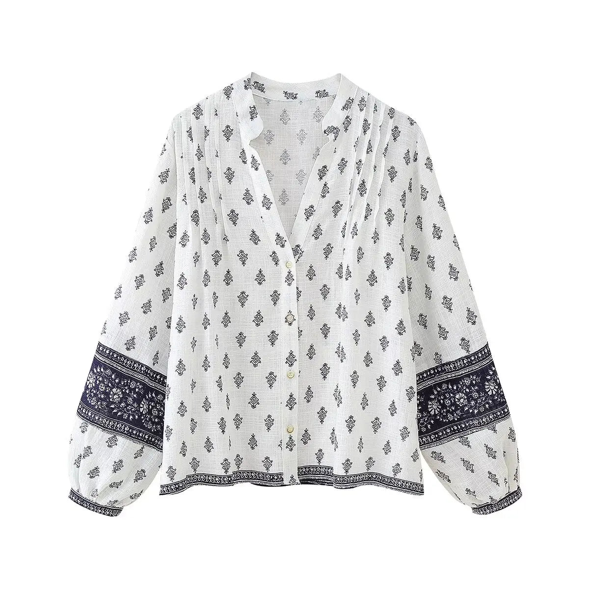 2025 Women's New Fashion Hundred Tops Puffy Sleeve Cotton Linen Printed Shirt